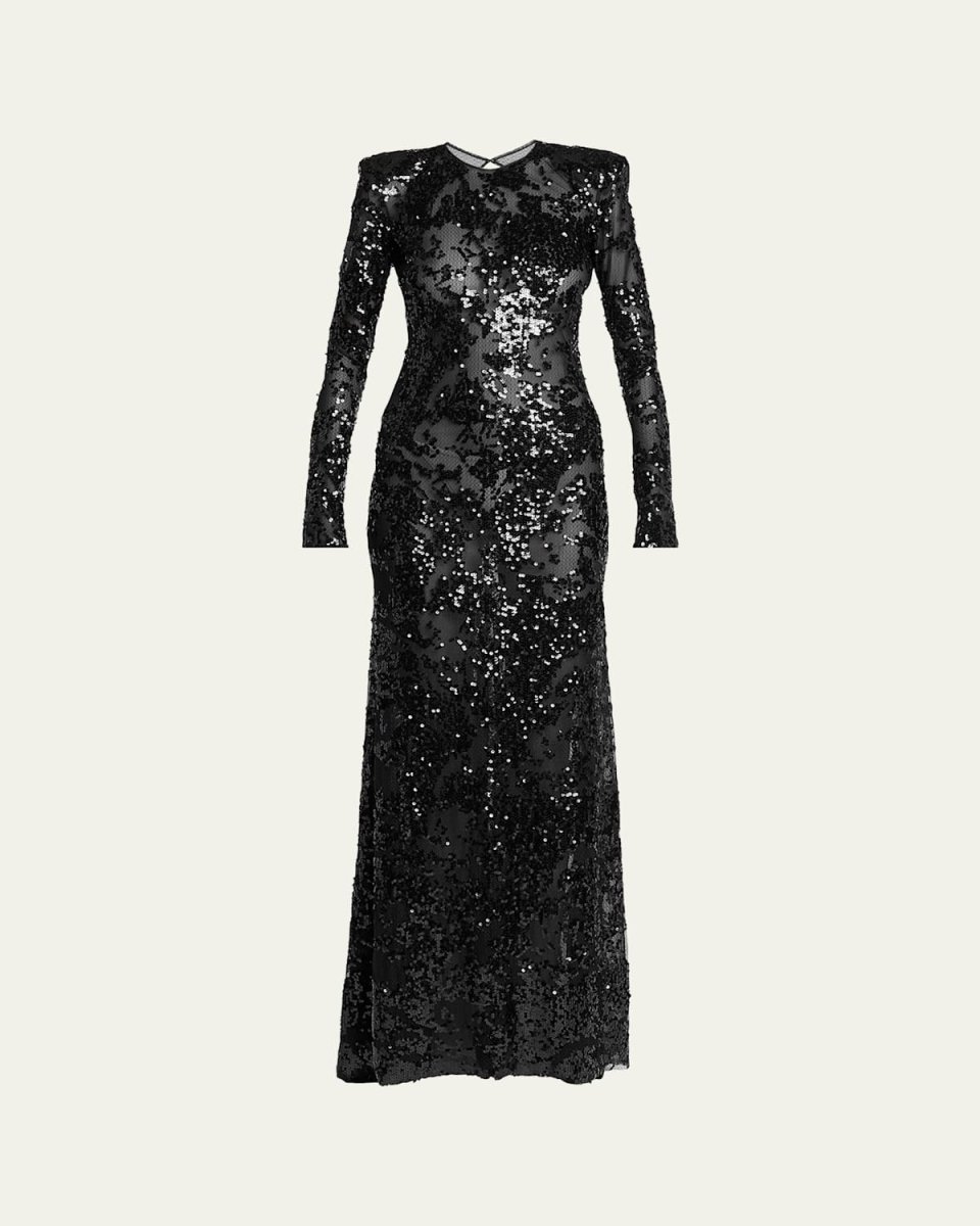 Long-Sleeve Backless Sequined Gown